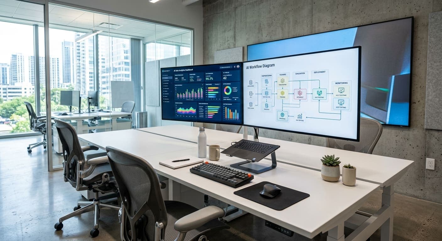 Modern enterprise office with AI dashboards and data screens showing workflow automation