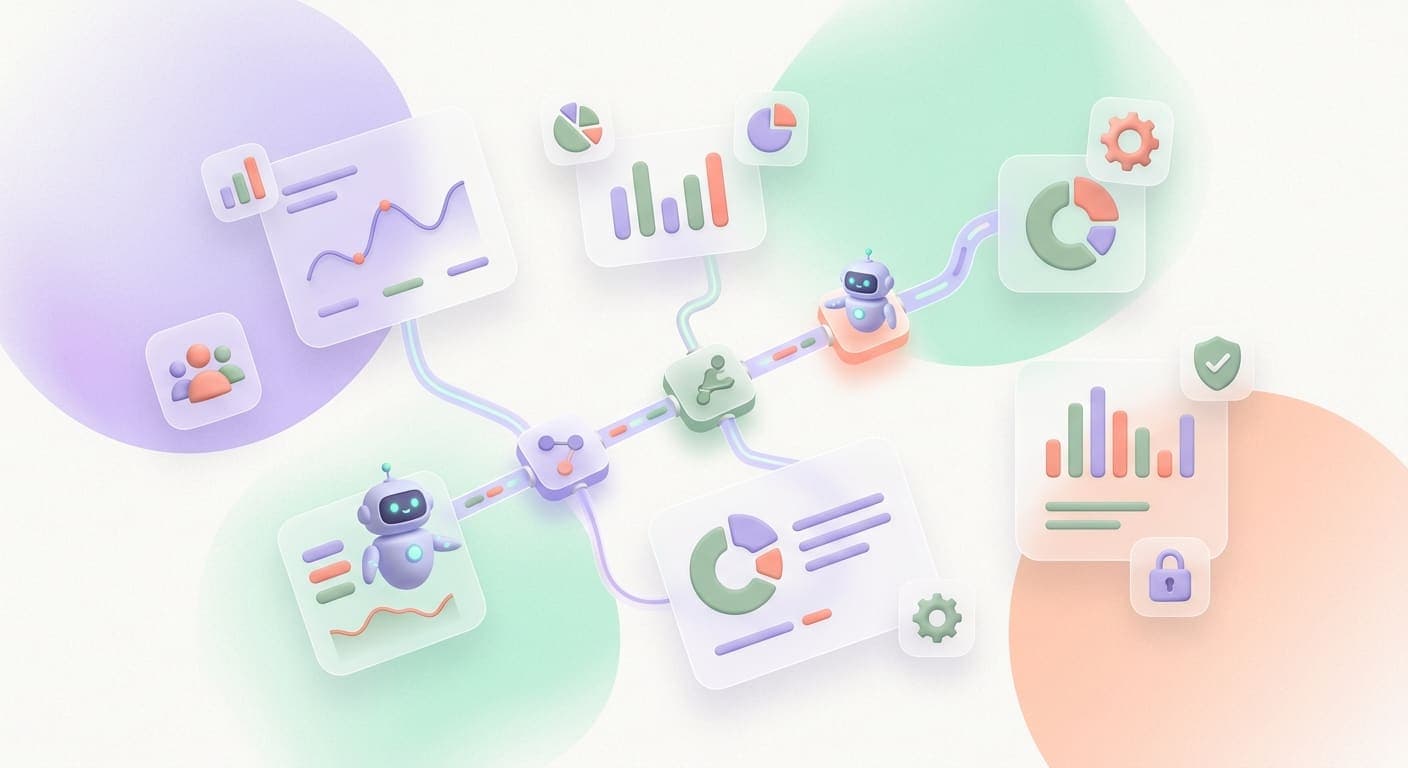 Connected workflow nodes with AI agents processing data through automated pipelines