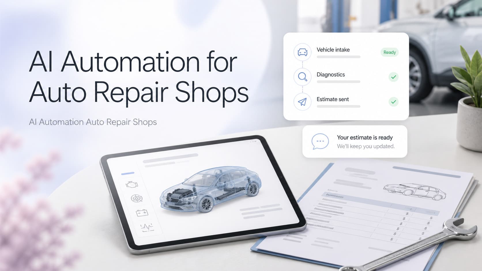 Light-mode SaaS dashboard for an auto repair shop showing a vehicle intake form, diagnostic timeline, parts availability, and an estimate approval flow