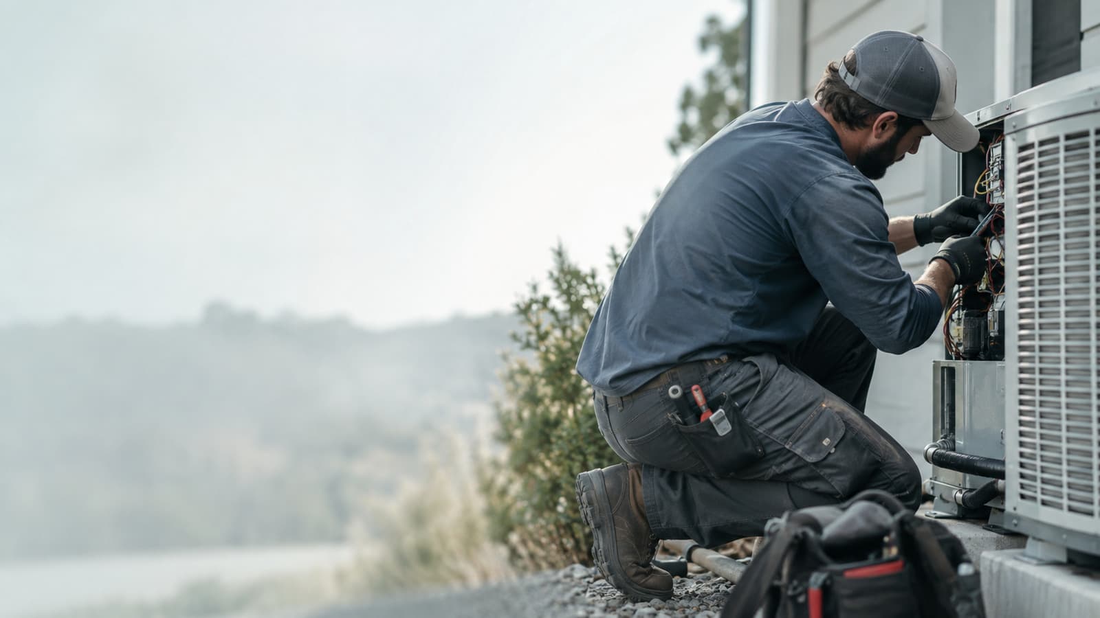 HVAC technician reviewing AI-optimized dispatch schedule on a tablet in the field