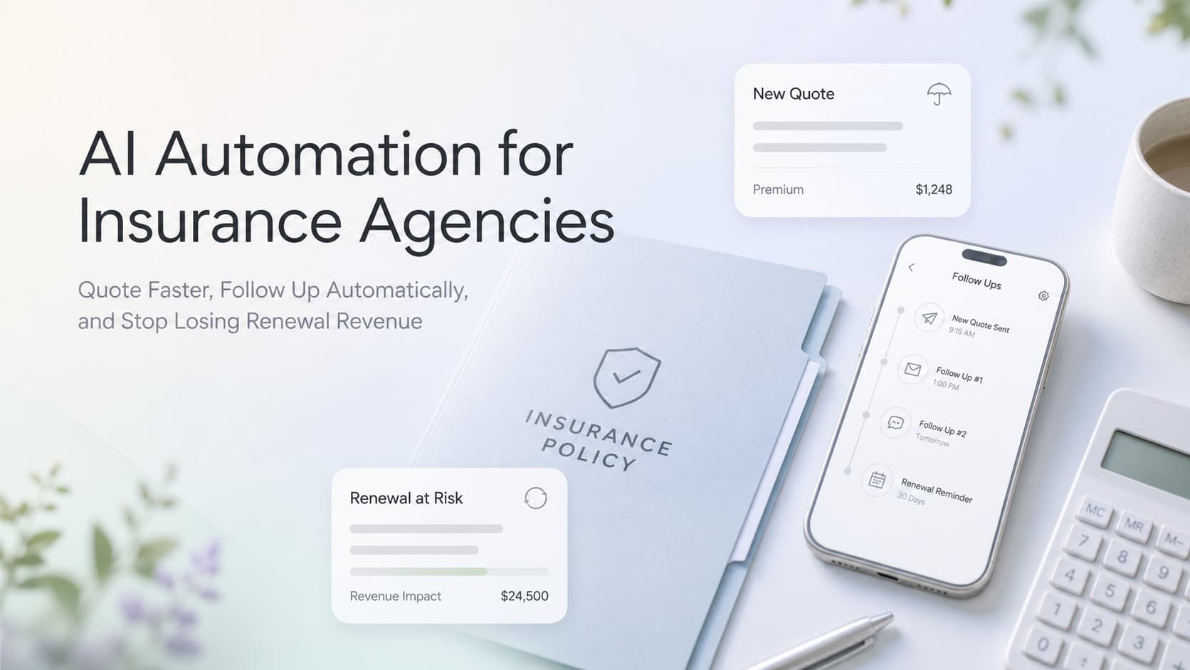 Light-mode SaaS dashboard mockup of an insurance agency pipeline with auto, home, and life policies, a quote tool, and a renewal calendar