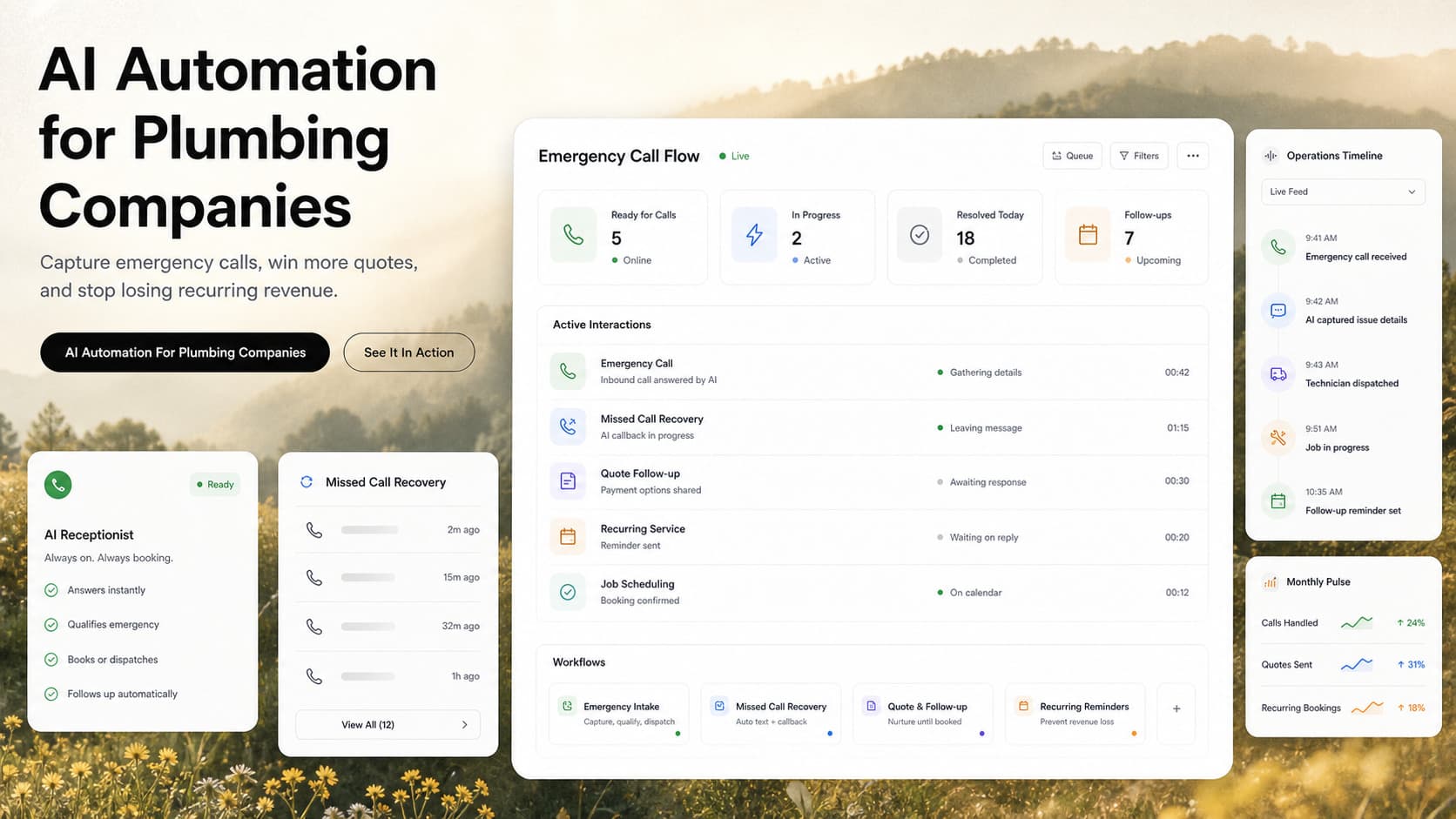 Light-mode SaaS dashboard mockup of a plumbing company operations board with emergency dispatch, quote follow-up cadence, and recurring service agreement renewals