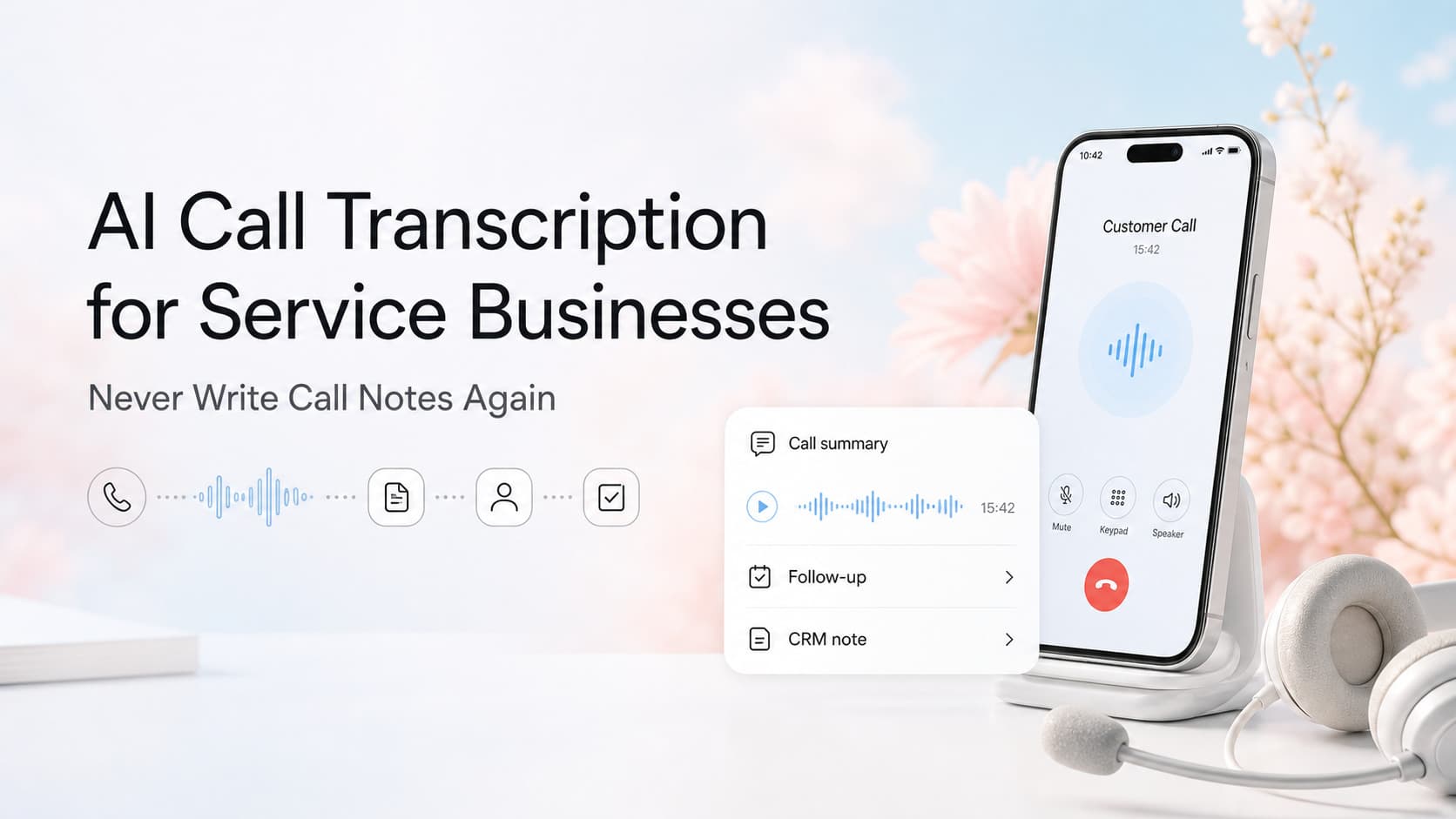 Customer call recording flowing into transcript, summary card, and CRM contact record