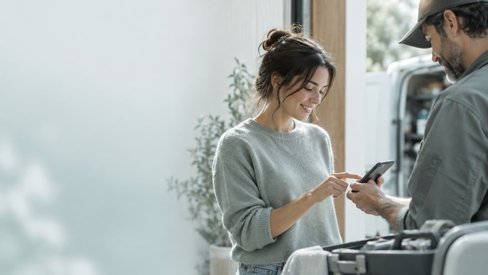 Service business owner reviewing a client portal dashboard on a tablet