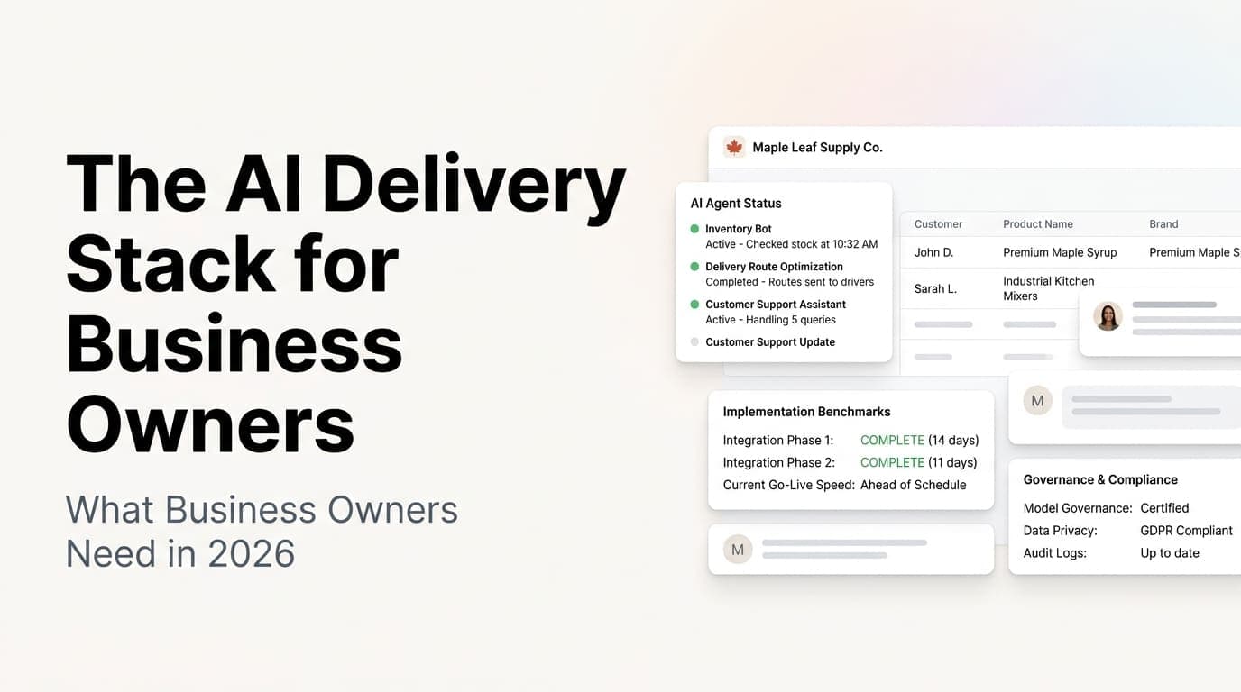 Abstract illustration of AI systems connected through a secure business delivery stack
