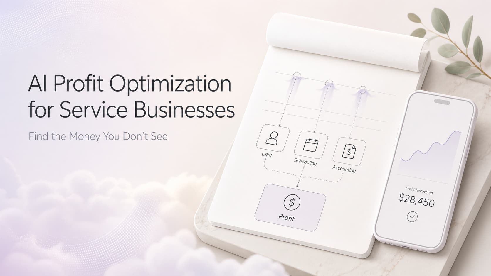 Light-mode SaaS dashboard mockup showing service business profit drains by category, including missed upsells, slow collections, and underpriced jobs, with an AI insights panel flagging specific opportunities