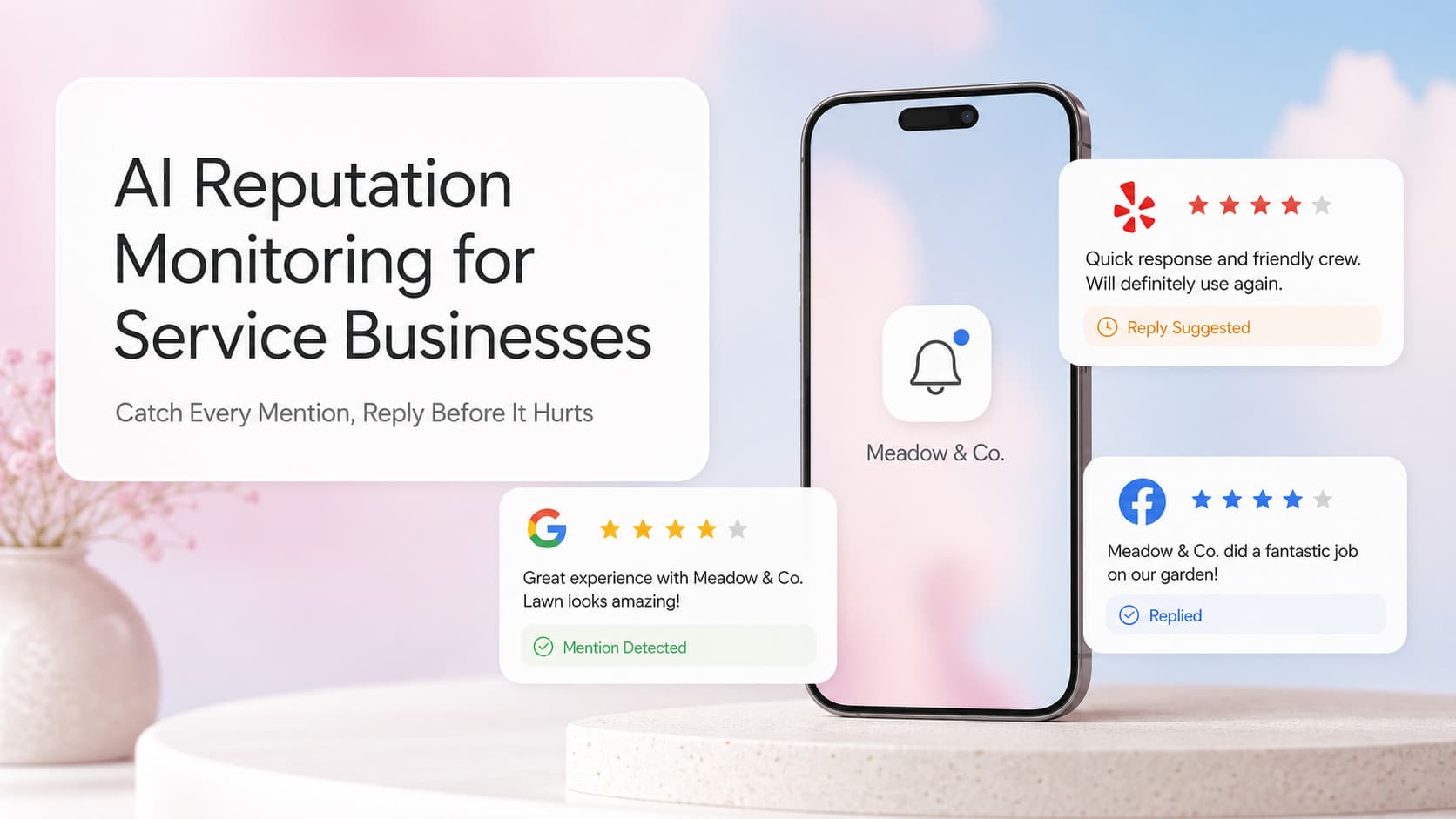 A reputation monitoring dashboard showing review alerts, sentiment scores, and AI-drafted responses across Google, Yelp, and Facebook