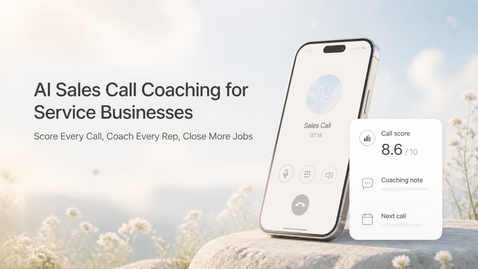 Light-mode SaaS mockup showing a sales call scorecard with a 0-100 score, rubric categories, call transcript snippet, and coach notes panel
