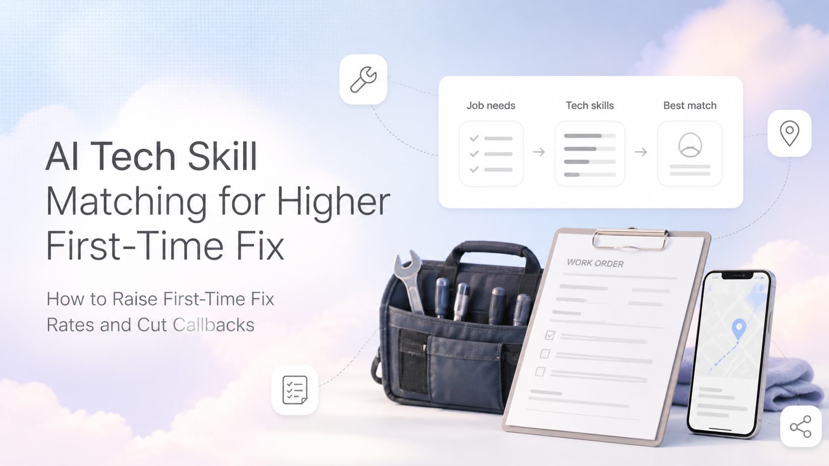 Light-mode SaaS dashboard mockup showing a tech-to-job assignment board with skill match scores, first-time fix rate gauges, and a callback reduction trend line