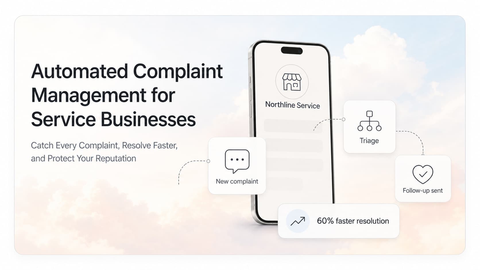 Light-mode SaaS dashboard mockup showing a multi-channel complaint inbox with triage categories, severity tags, and SLA timers for a service business