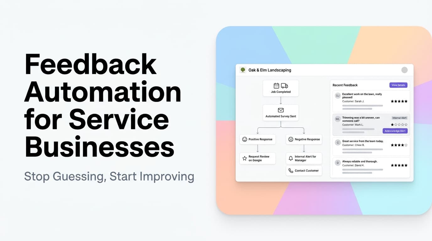 Dashboard showing automated customer feedback collection with satisfaction scores, review prompts, and trend analysis for a service business