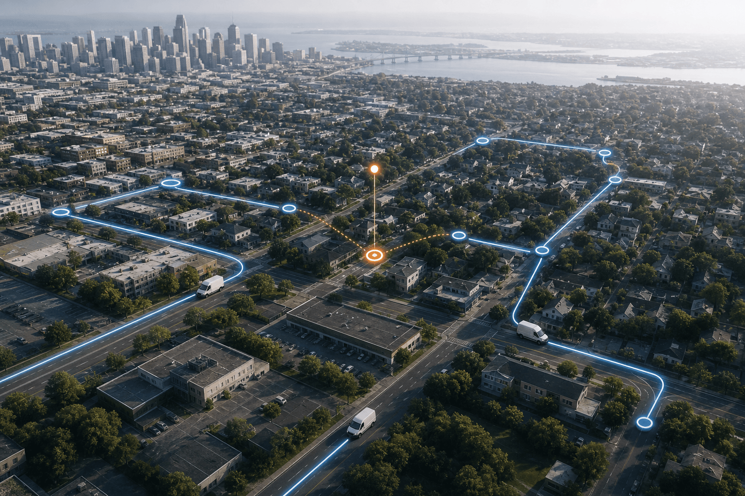 Service vehicles connected by planned routes across an abstract city map