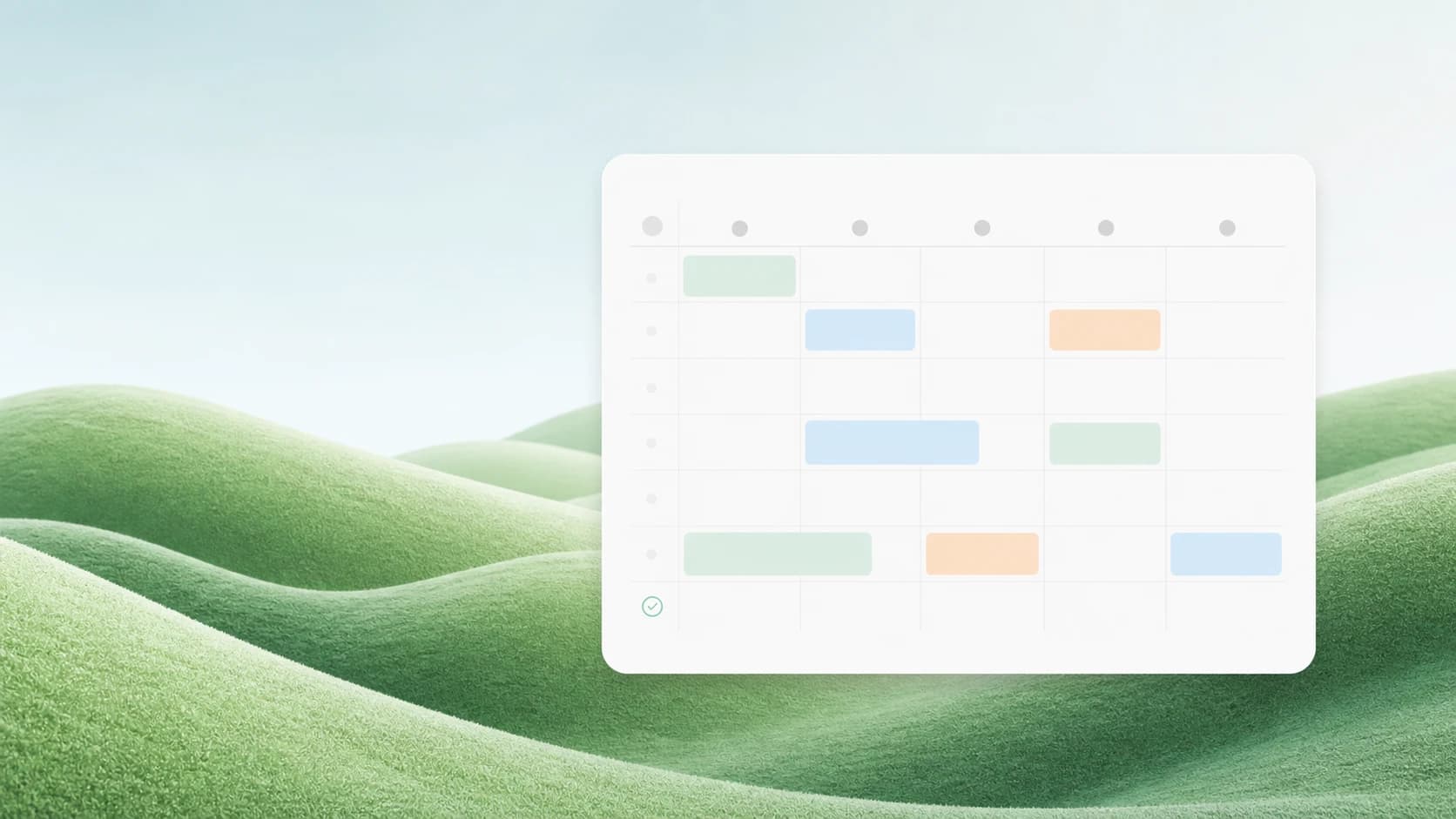Text-free editorial illustration of a weekly scheduling surface above soft green hills
