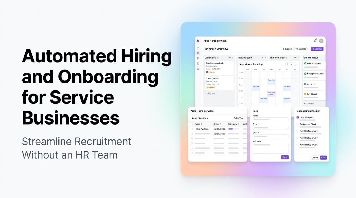 Abstract illustration of automated hiring workflow showing candidate pipeline and onboarding steps