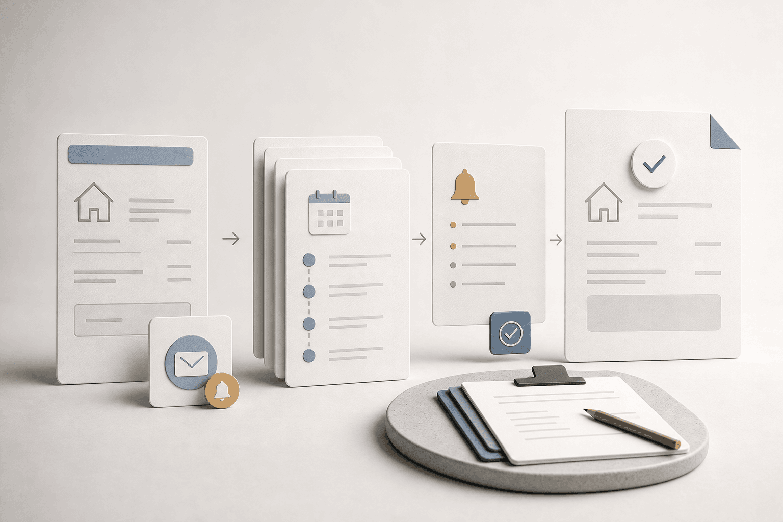 Payment schedule cards arranged beside a service invoice and review checkpoint