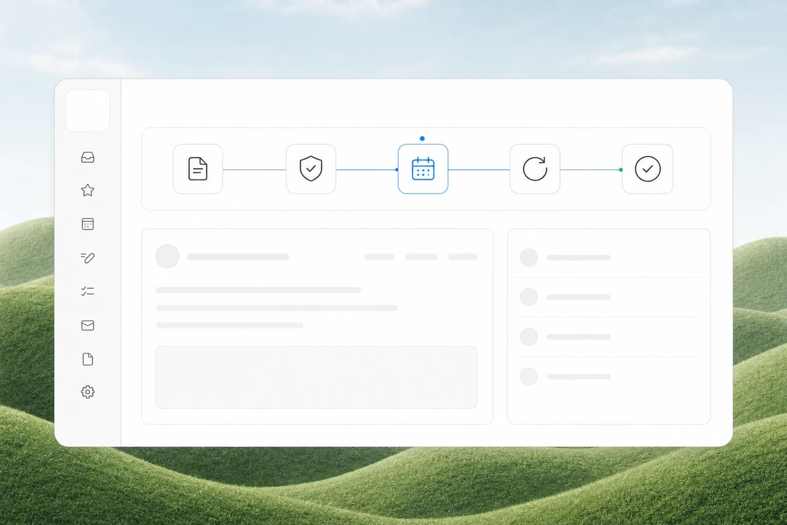 Textless service agreement lifecycle interface showing document review, renewal scheduling, and completion states