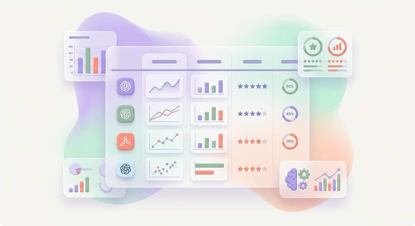 A real workflow screenshot card floating over a soft teal field for an article about choosing business AI models