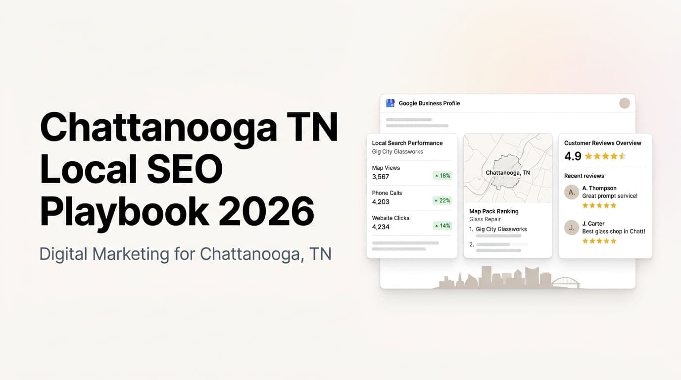 Chattanooga TN skyline illustration with local SEO map markers and search results