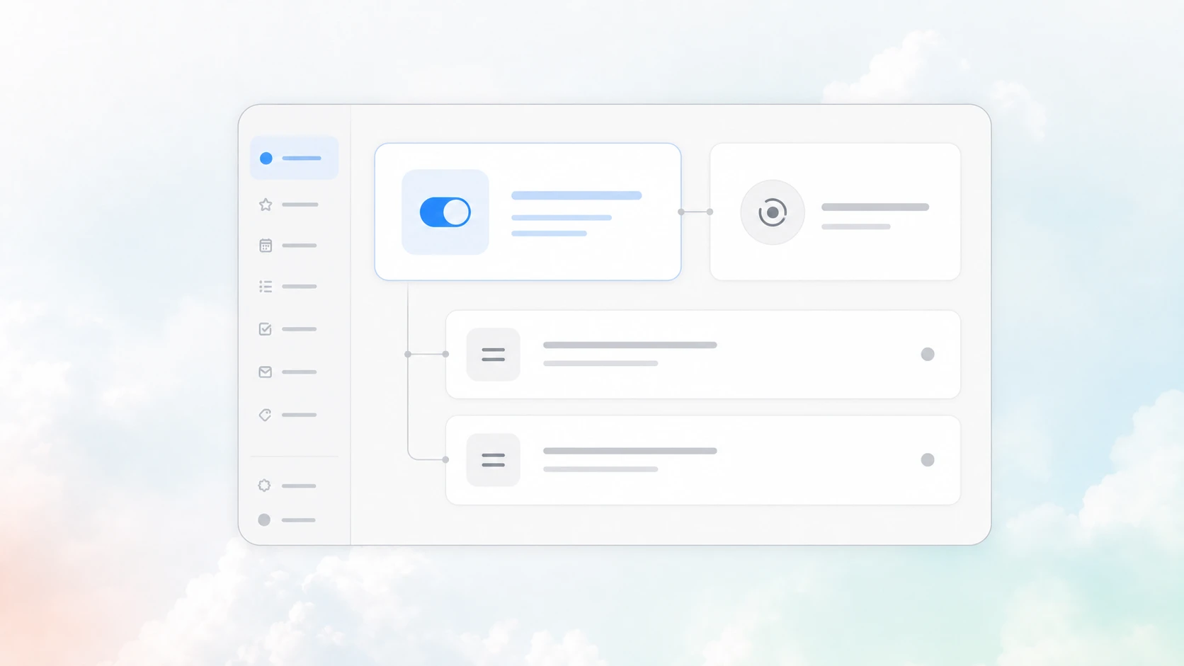 Text-free editorial illustration of a CRM trigger moving through review and prepared follow-up steps
