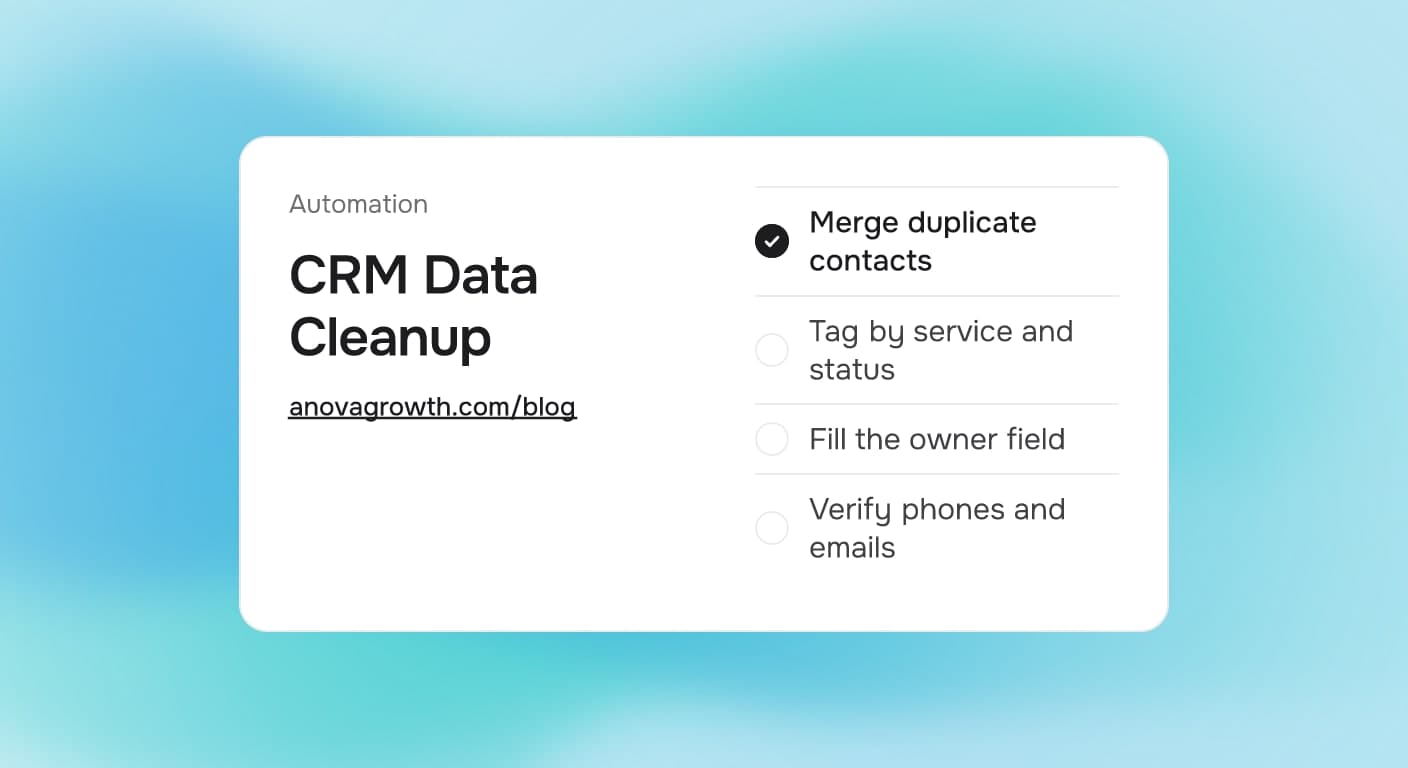 Cover card titled CRM Data Cleanup, listing Merge duplicate contacts, Tag by service and status, Fill the owner field, Verify phones and emails, on an aqua teal gradient