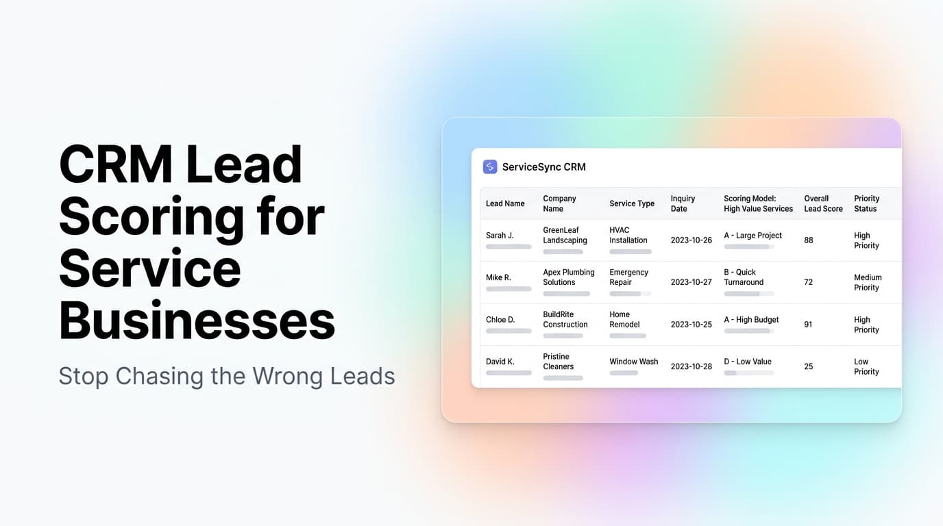 CRM lead scoring dashboard showing lead priority levels, conversion probability scores, and service business pipeline stages