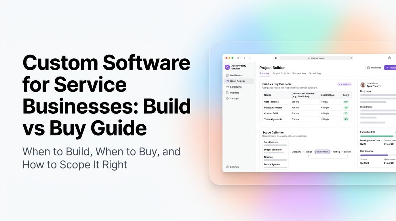 Custom software project scoping dashboard showing build vs buy decision framework, feature prioritization, and budget planning for service businesses