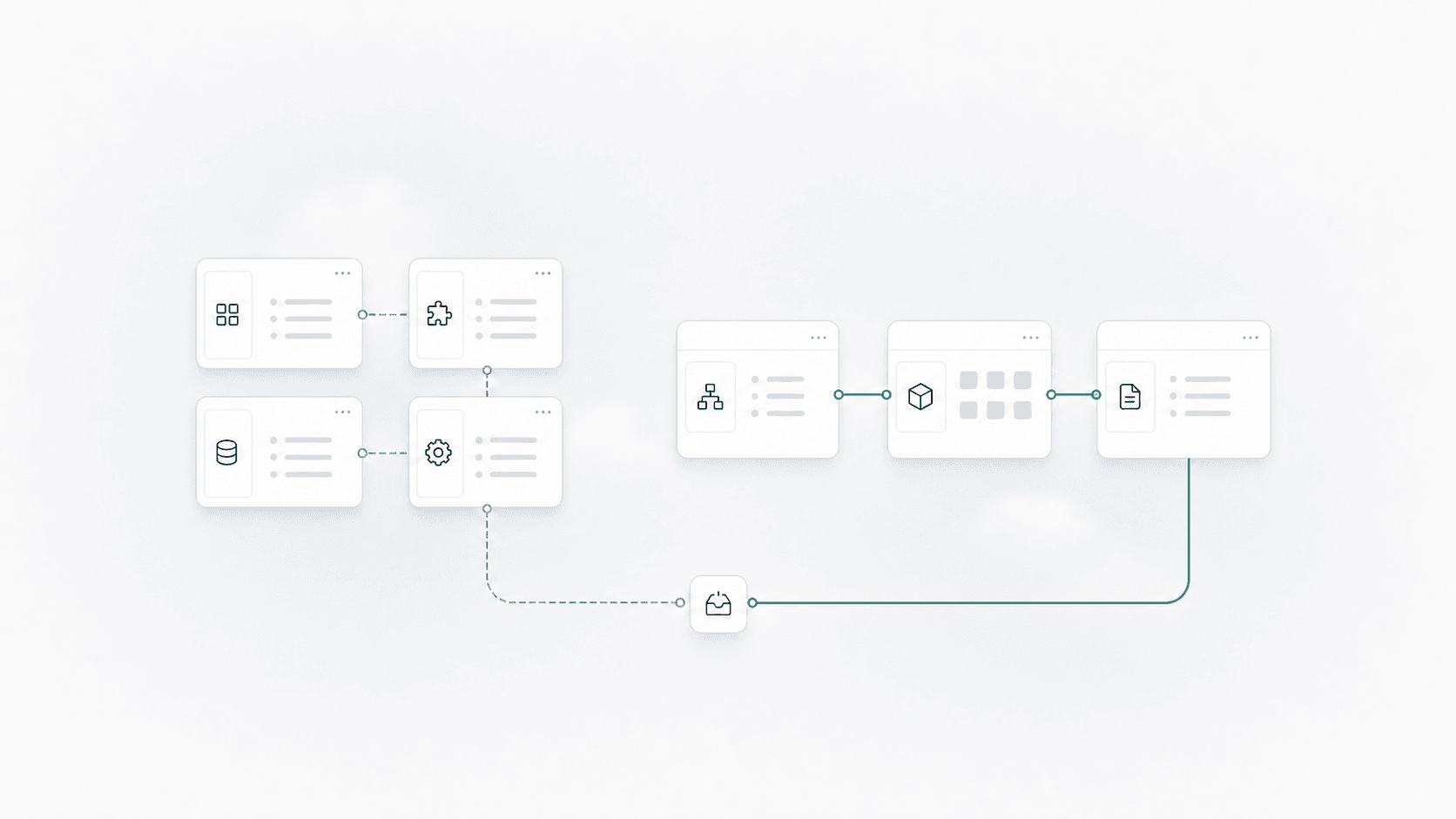 Disconnected software modules compared with a connected custom workflow converging on one output