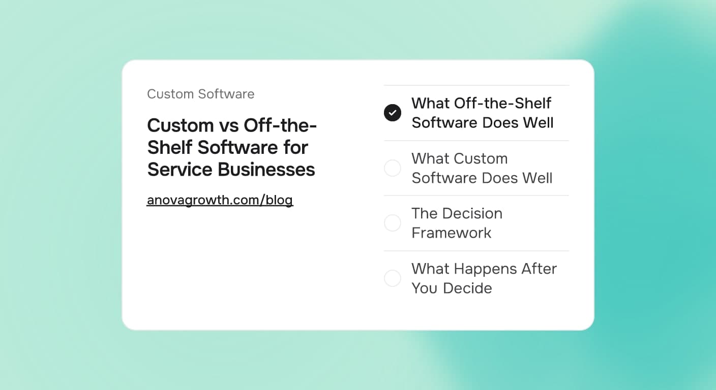 A service business owner looking at two paths: a shelf of identical software boxes vs a custom built structure