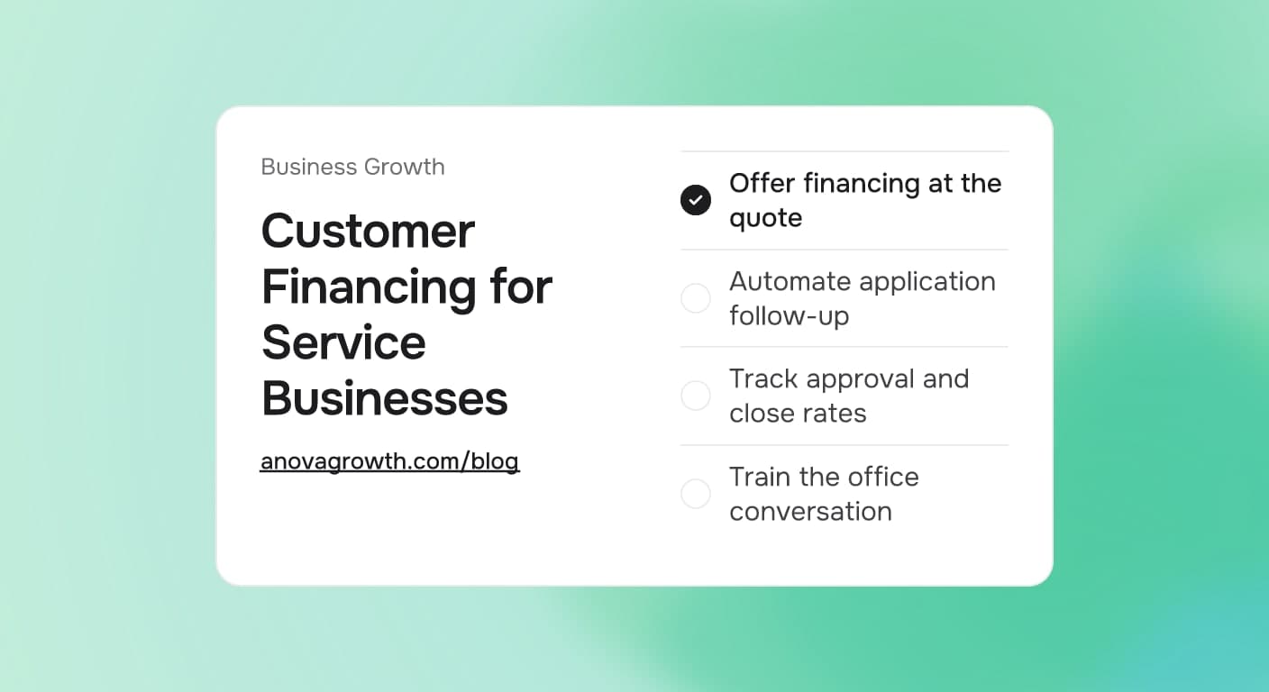 Cover card titled Customer Financing for Service Businesses, listing offer financing at the quote, automate application follow-up, track approval and close rates, train the office conversation, on a soft cool gradient.