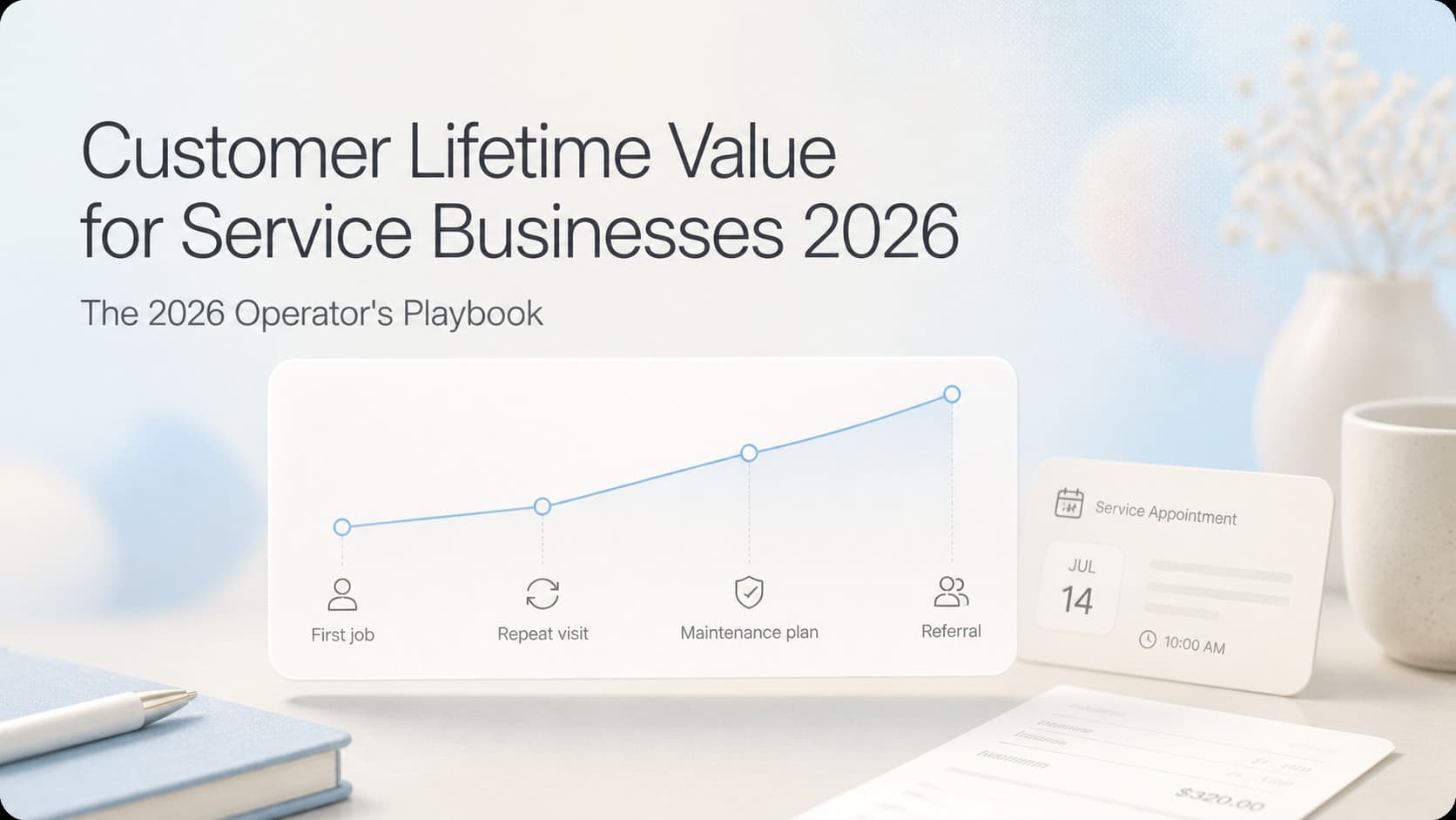 Light-mode SaaS-style illustration of a customer lifetime value dashboard with cohort revenue curves, repeat-rate gauges, and segment tiles for service business customers