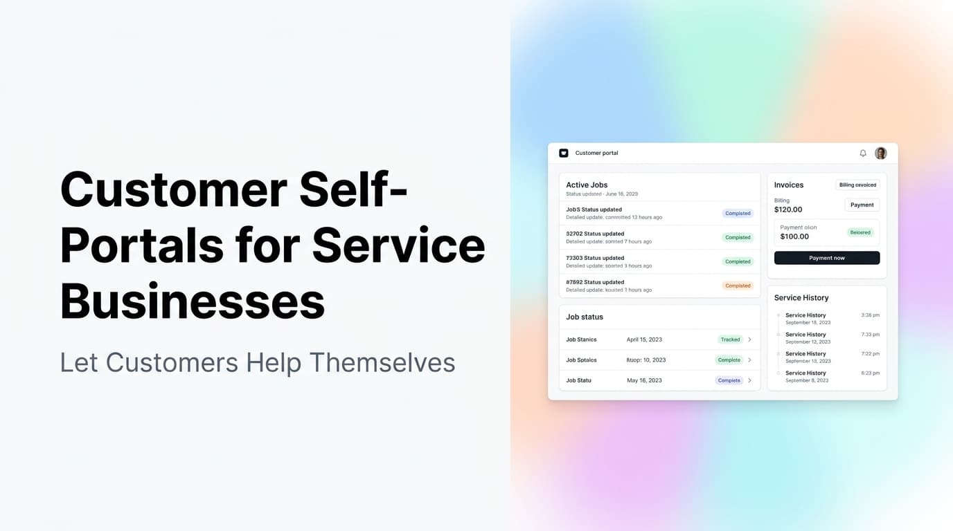 Customer self-service portal dashboard showing job status, invoices, and service history for a service business