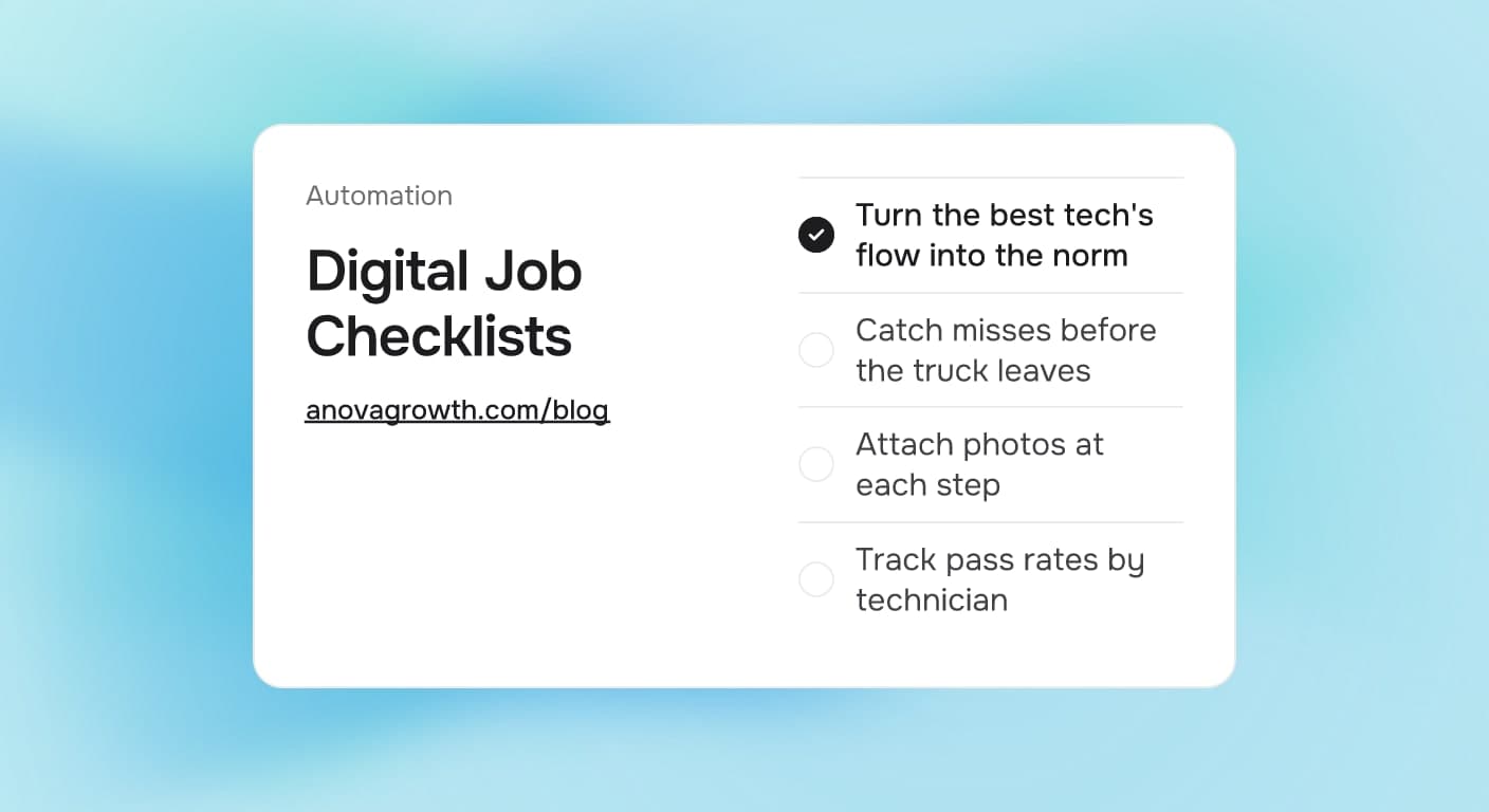 Cover card titled Digital Job Checklists, listing Turn the best tech's flow into the norm, Catch misses before the truck leaves, Attach photos at each step, Track pass rates by technician, on a soft aqua gradient