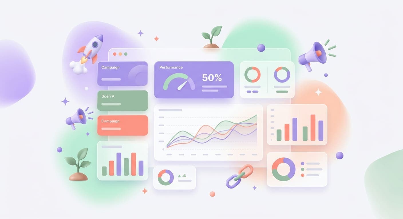 Digital marketing channel hub with connected SEO, social, email, and analytics nodes