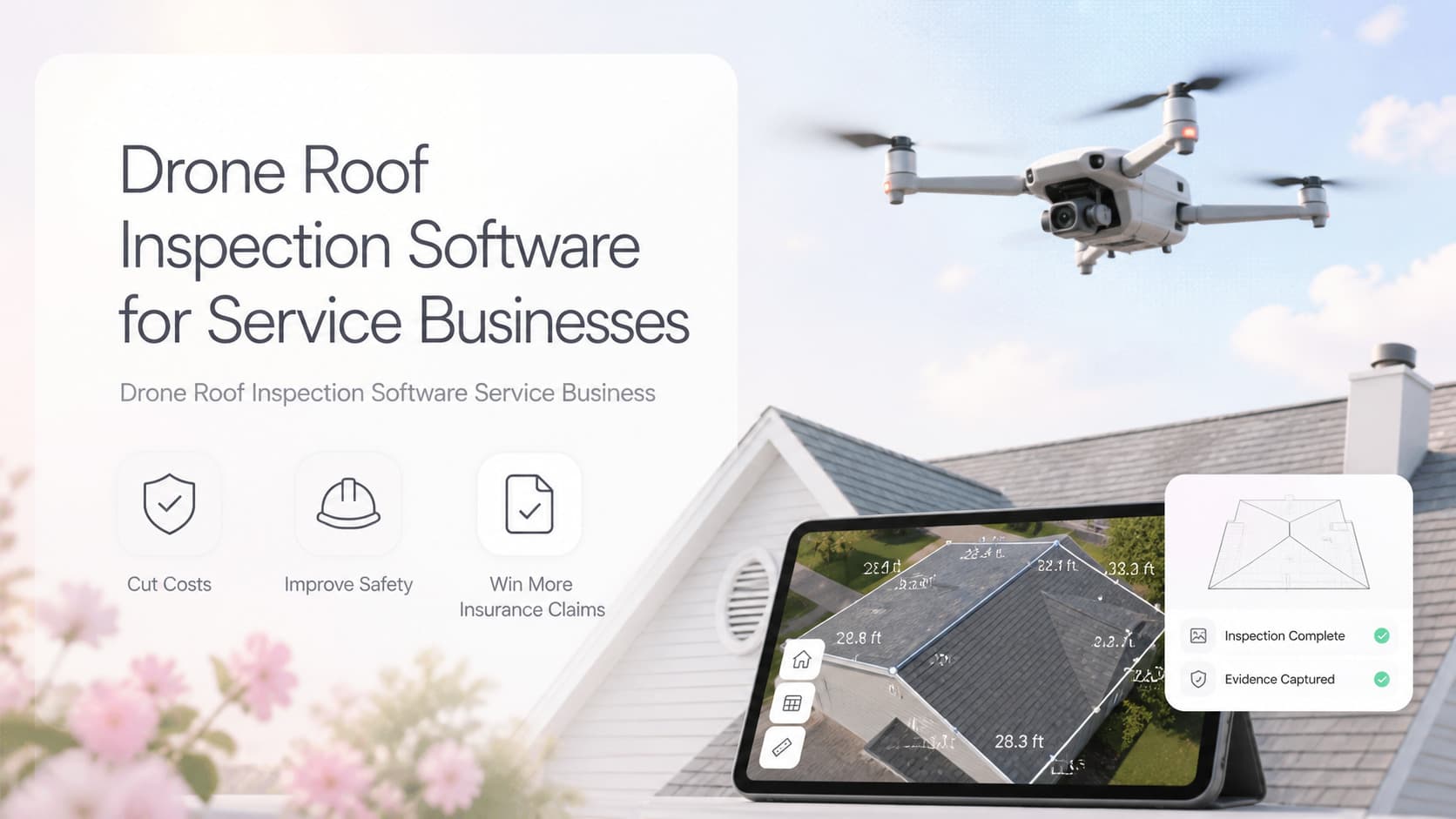 Editorial illustration of a drone roof inspection dashboard showing aerial roof tiles, AI damage annotations, and an insurance-ready report export
