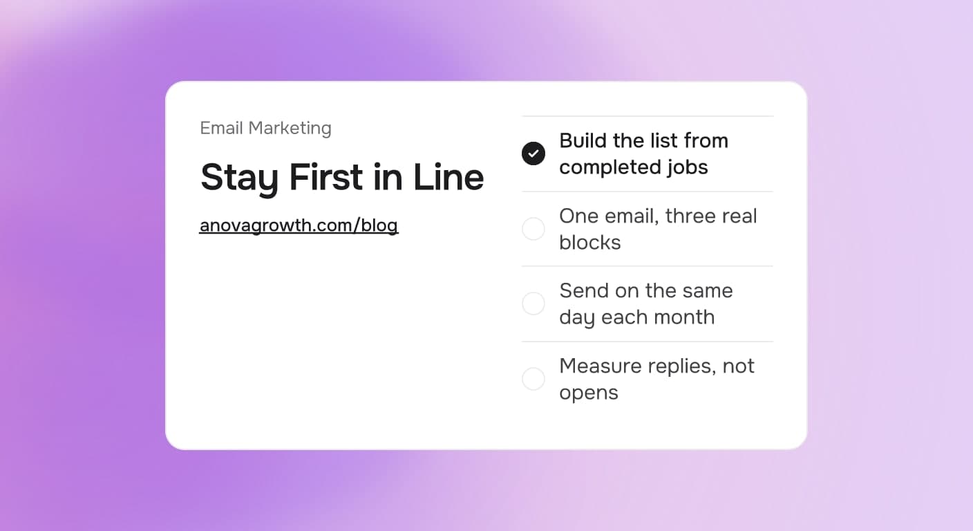 Cover card titled Stay First in Line listing steps for a monthly service business newsletter built from past jobs