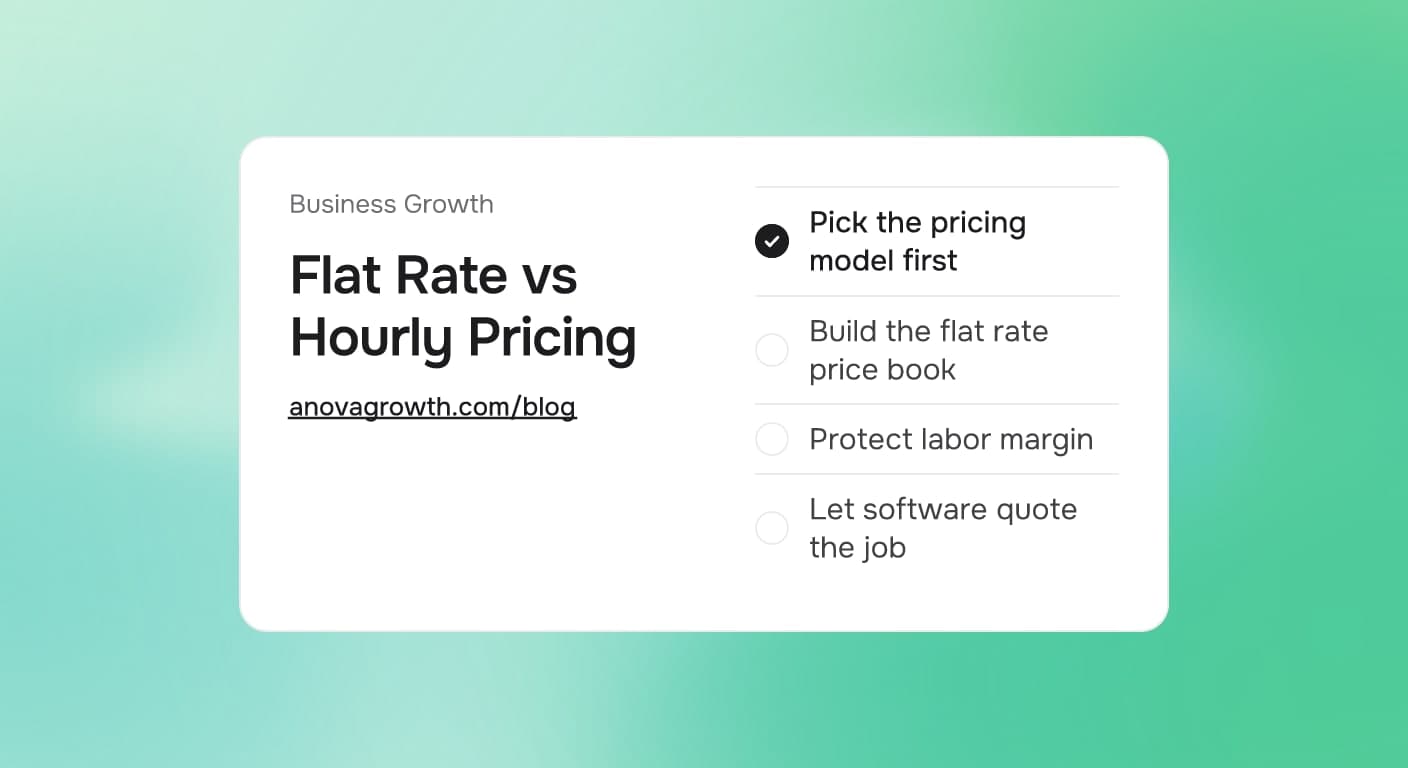 Cover card titled Flat Rate vs Hourly Pricing, listing Pick the pricing model first, Build the flat rate price book, Protect labor margin, Let software quote the job, on a soft mint gradient