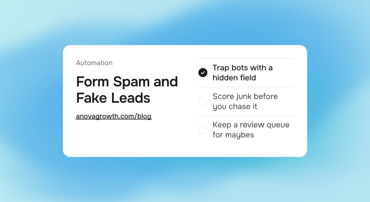 Cover card titled Form Spam and Fake Leads, listing Trap bots with a hidden field, Score junk before you chase it, Keep a review queue for maybes, on a soft cool gradient