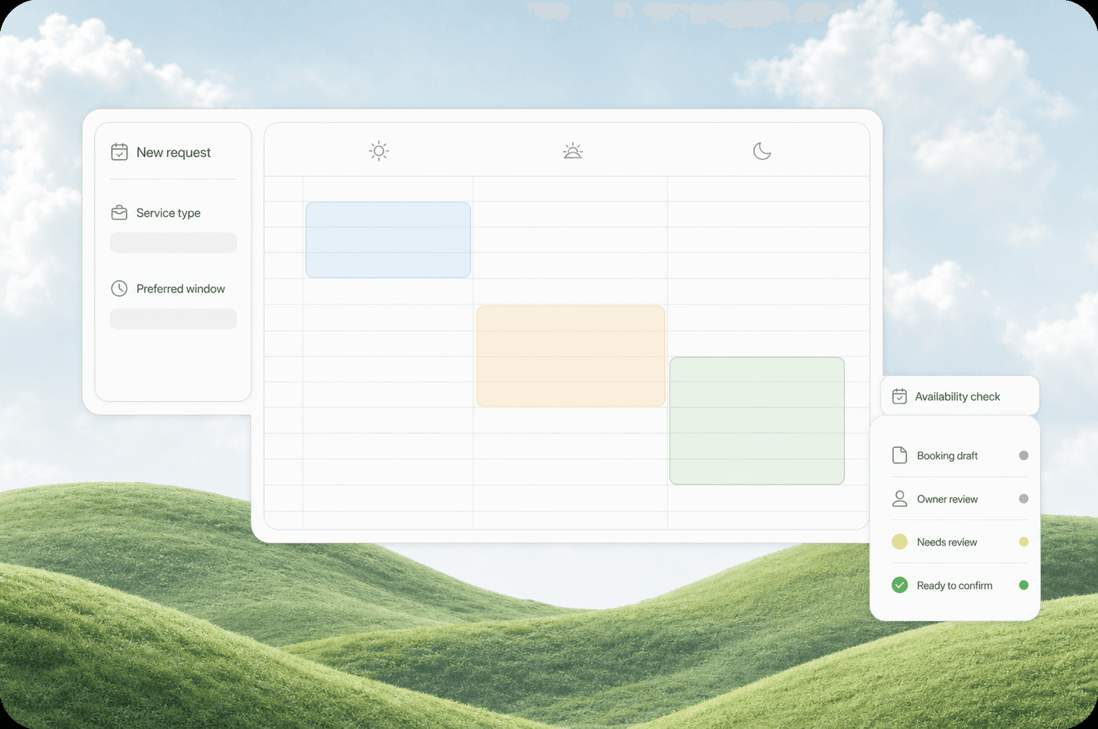 Date-free availability planner with a service request rail, booking draft, and owner confirmation review