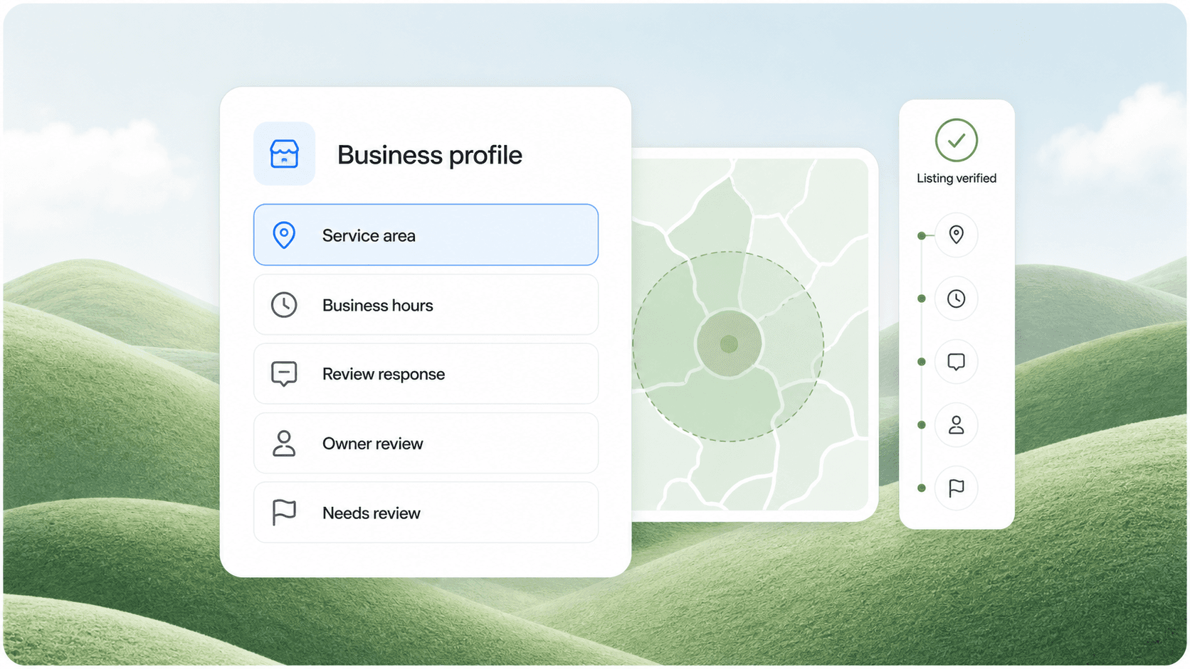 Business profile review interface with service area, hours, review response, and listing verification panels