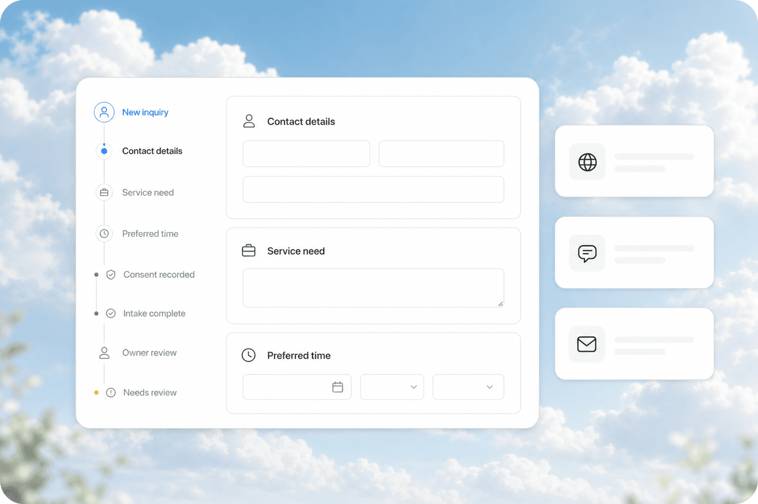 Client intake form with contact, service, timing, consent, and owner review stages