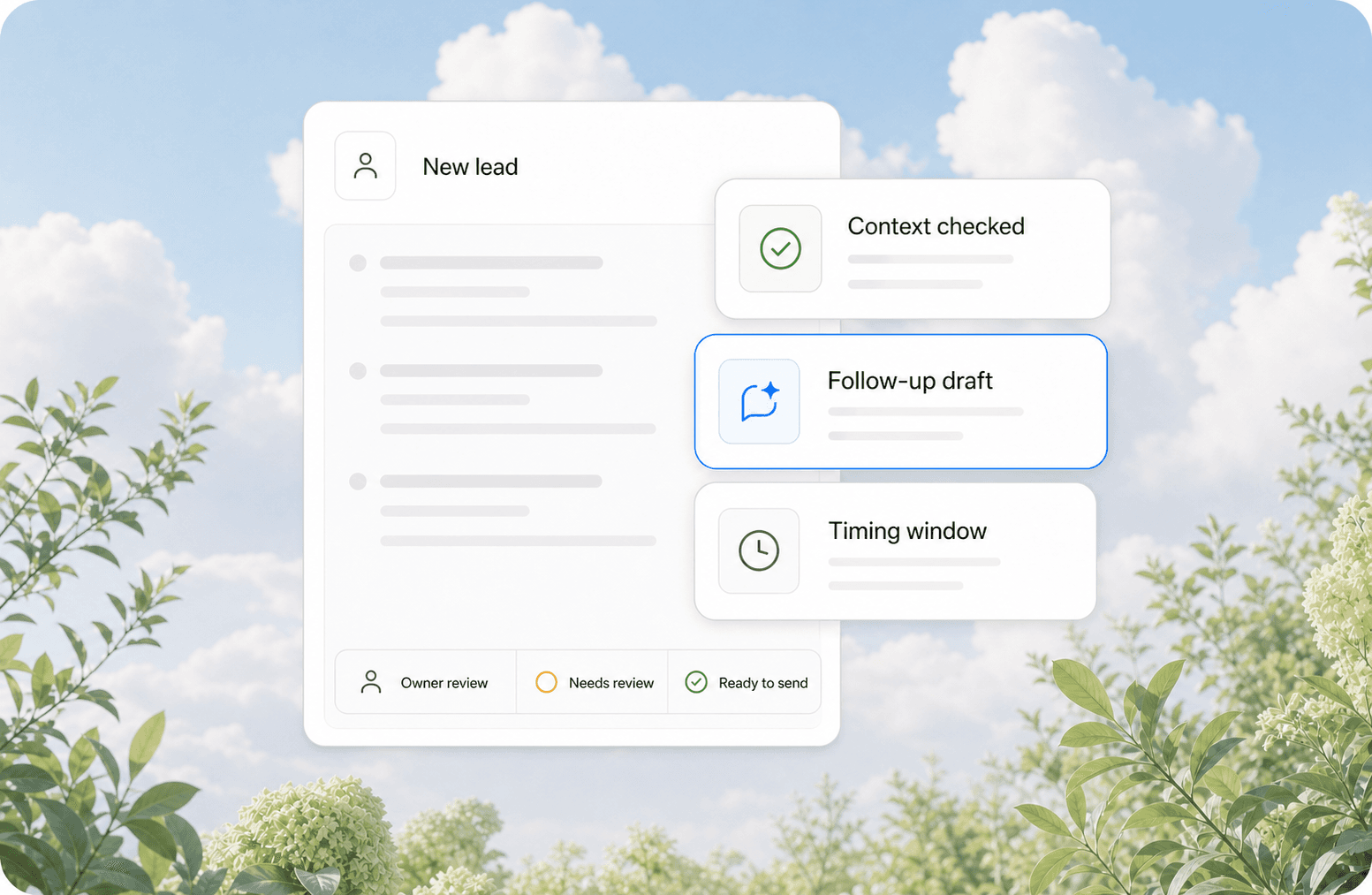 Lead nurturing sequence composer with context review, follow-up draft, timing window, and send approval states