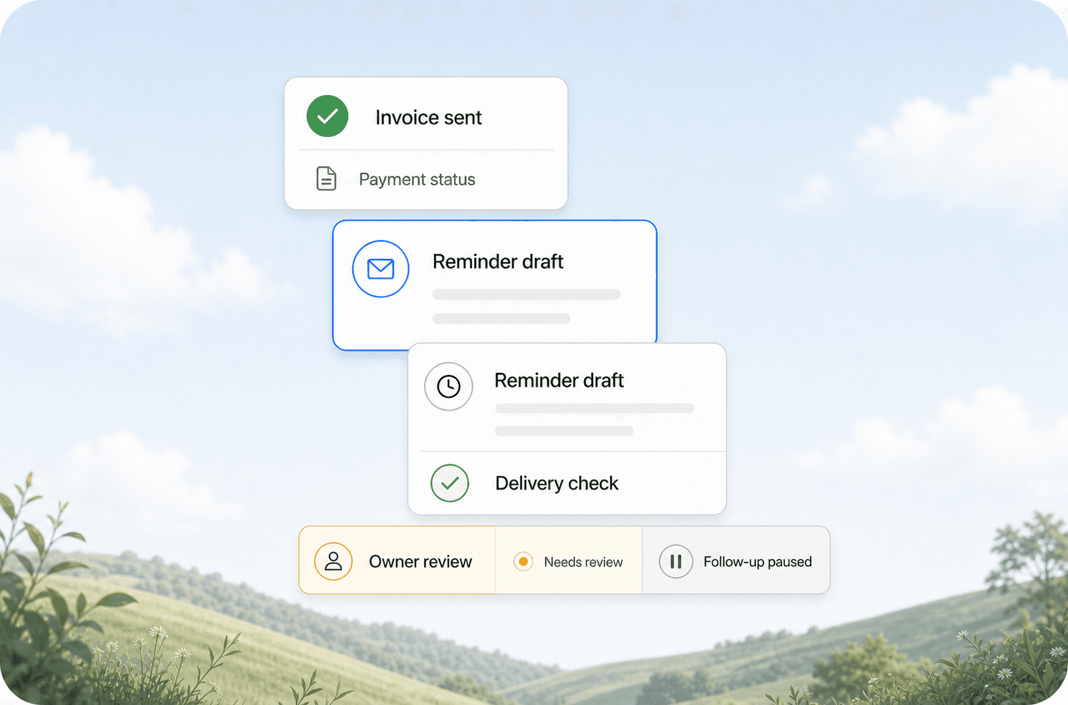 Payment follow-up cadence with invoice status, staggered reminder drafts, delivery check, and an owner review pause