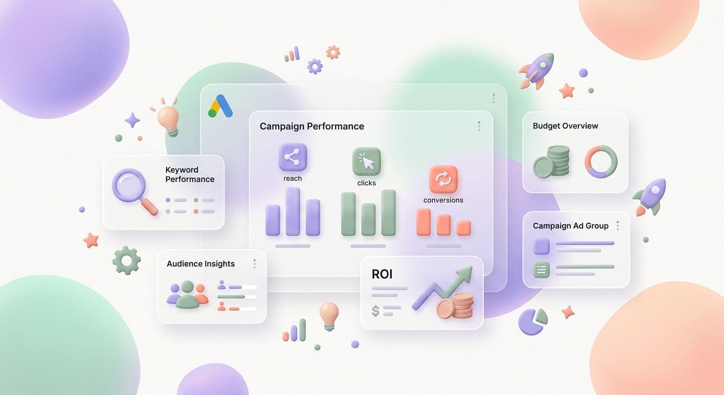 Digital marketing analytics dashboard showing Google Ads performance metrics