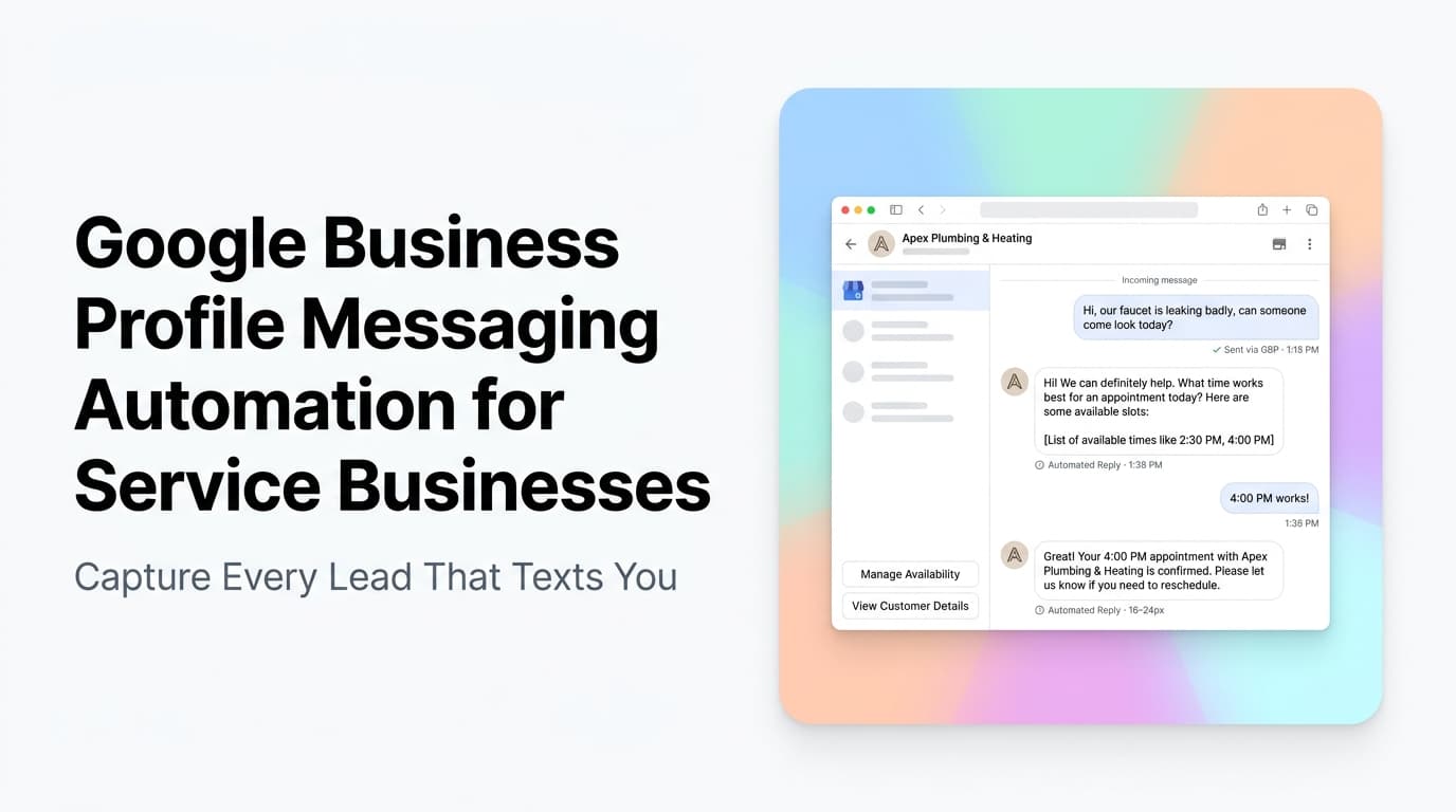 Google Business Profile messaging interface showing automated chat replies for a service business, with a clean white dashboard and conversation flow