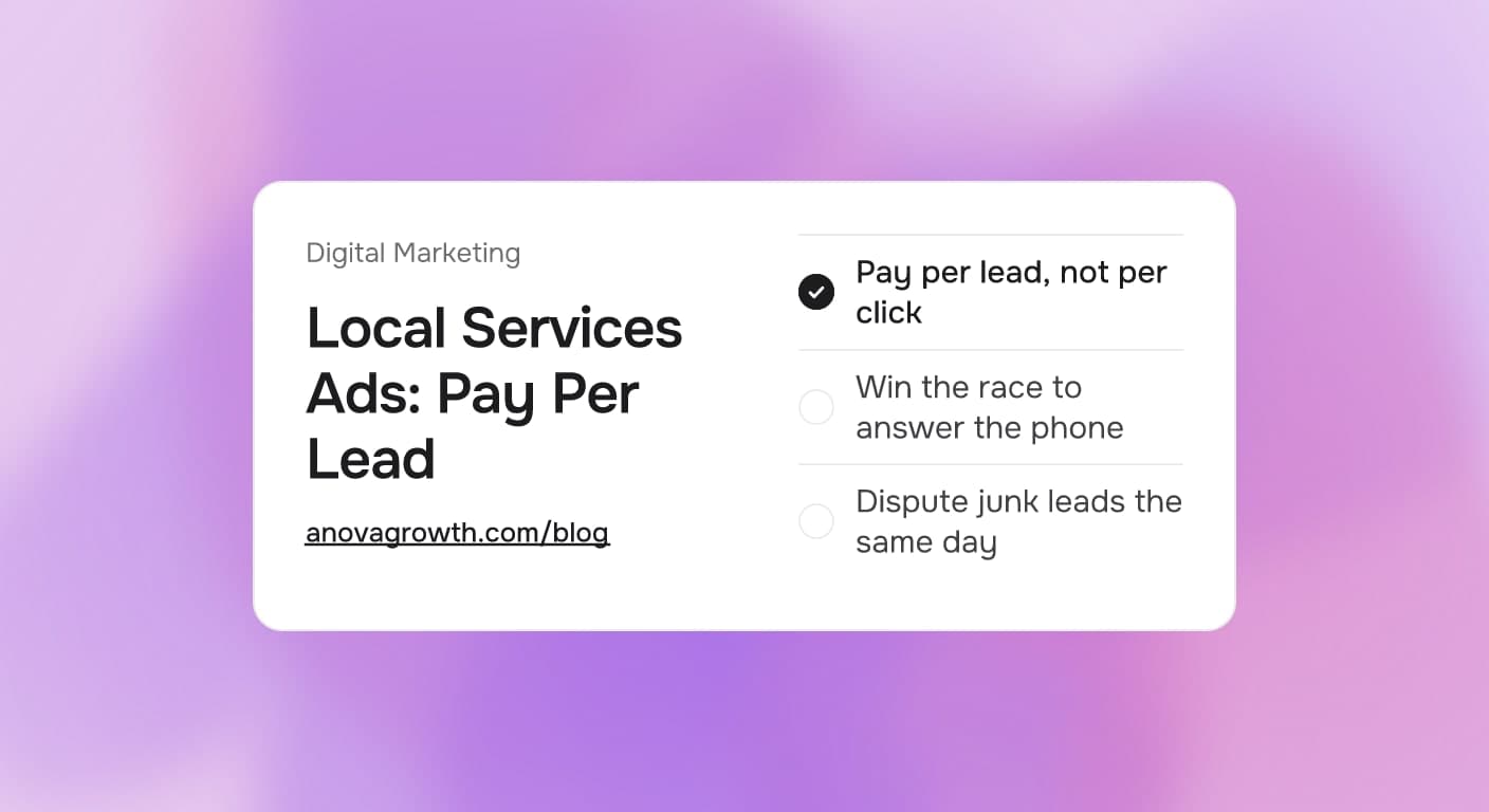 Cover card titled Local Services Ads: Pay Per Lead, listing Pay per lead, not per click, Win the race to answer the phone, Dispute junk leads the same day