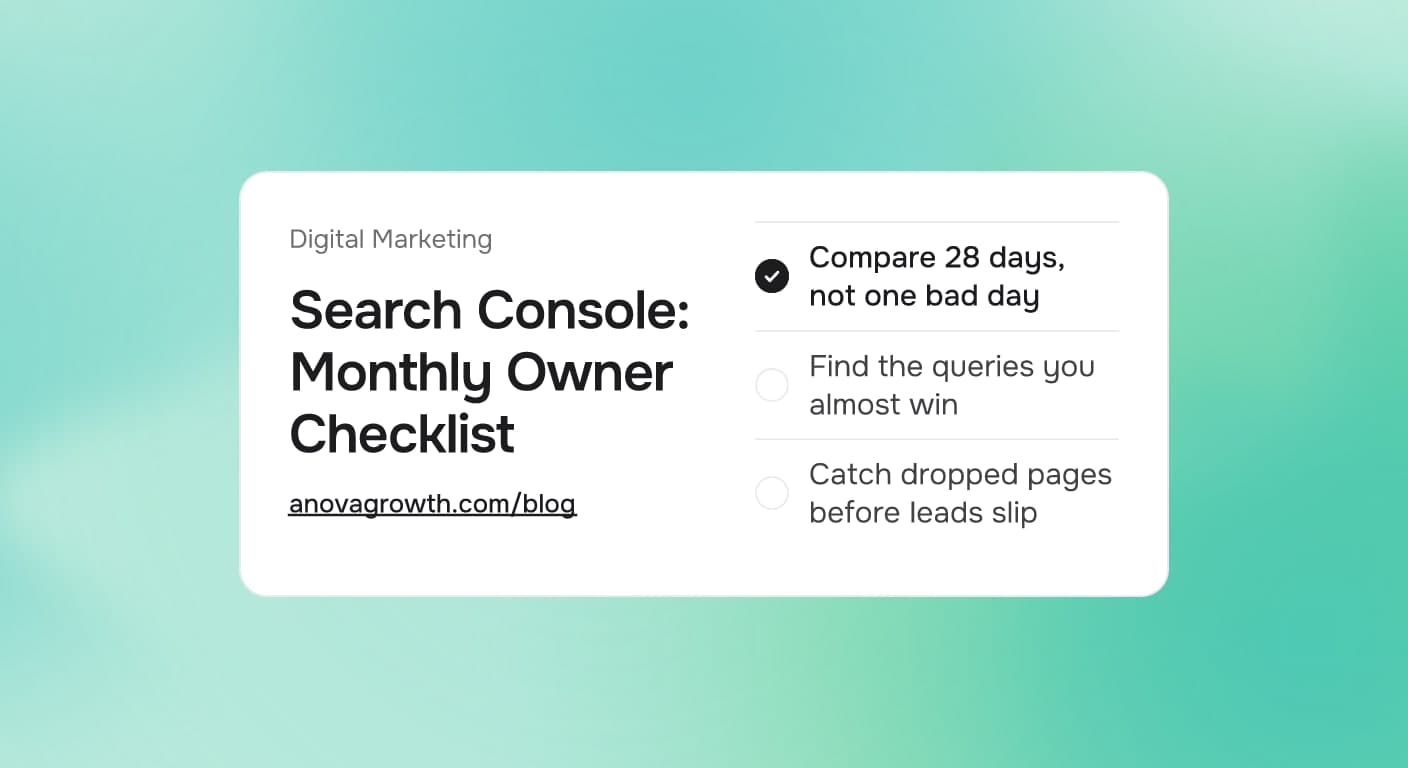 Cover card titled Search Console: Monthly Owner Checklist, listing Compare 28 days, not one bad day, Find the queries you almost win, Catch dropped pages before leads slip