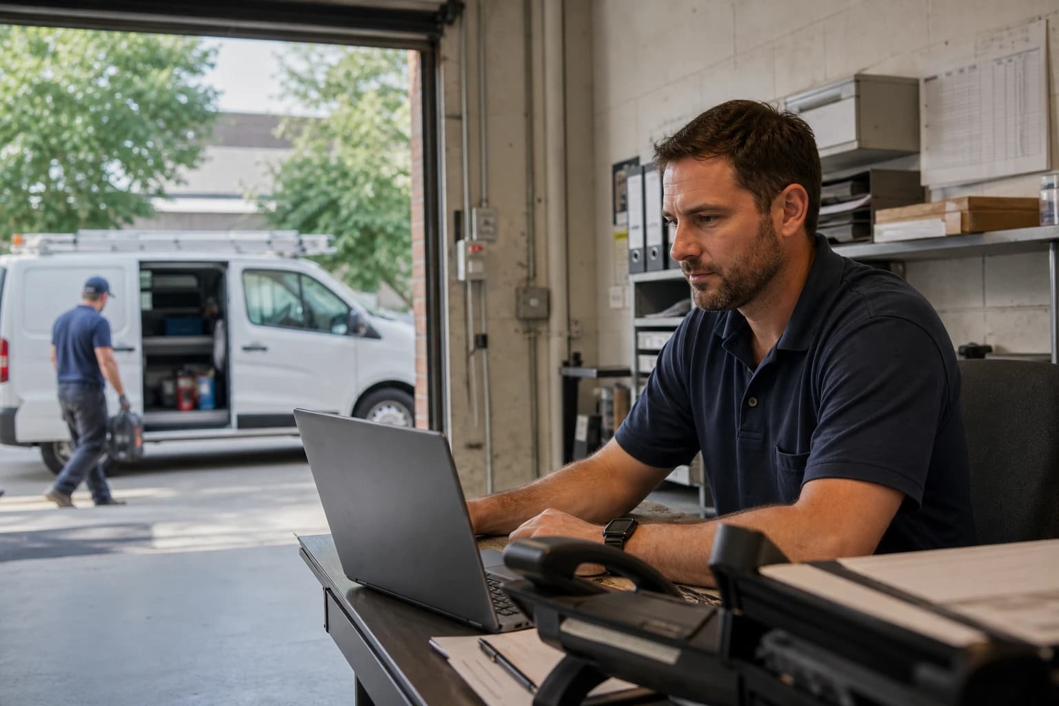 HVAC service coordinator handling incoming requests in a local dispatch office on a summer day
