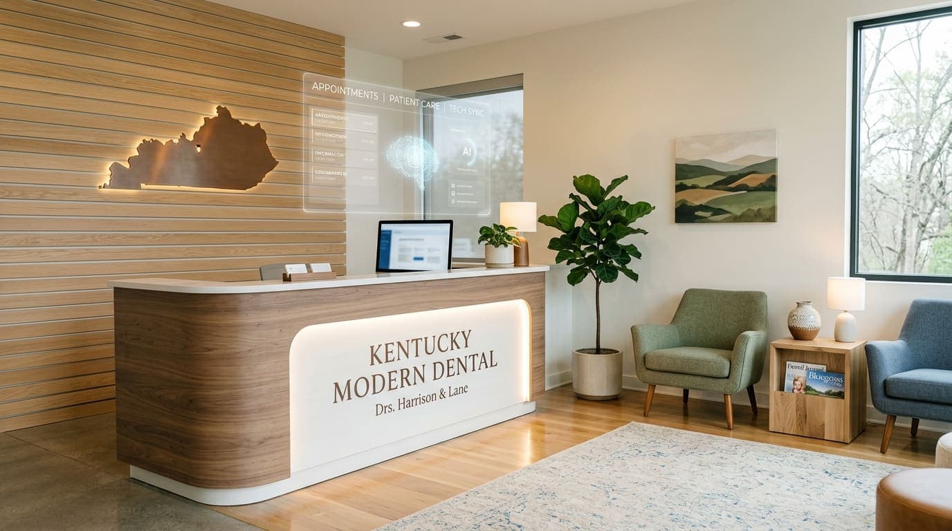 Modern dental office reception area with subtle AI automation elements, warm professional aesthetic