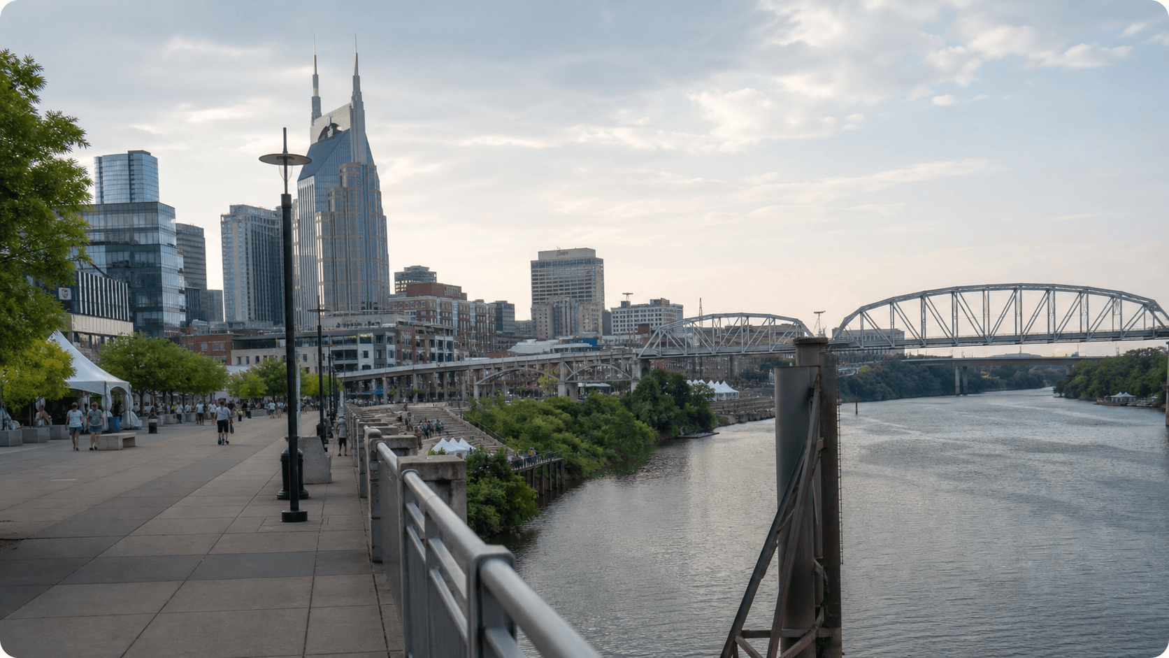 Nashville hospitality booking and guest follow-up tools set against a riverfront event scene
