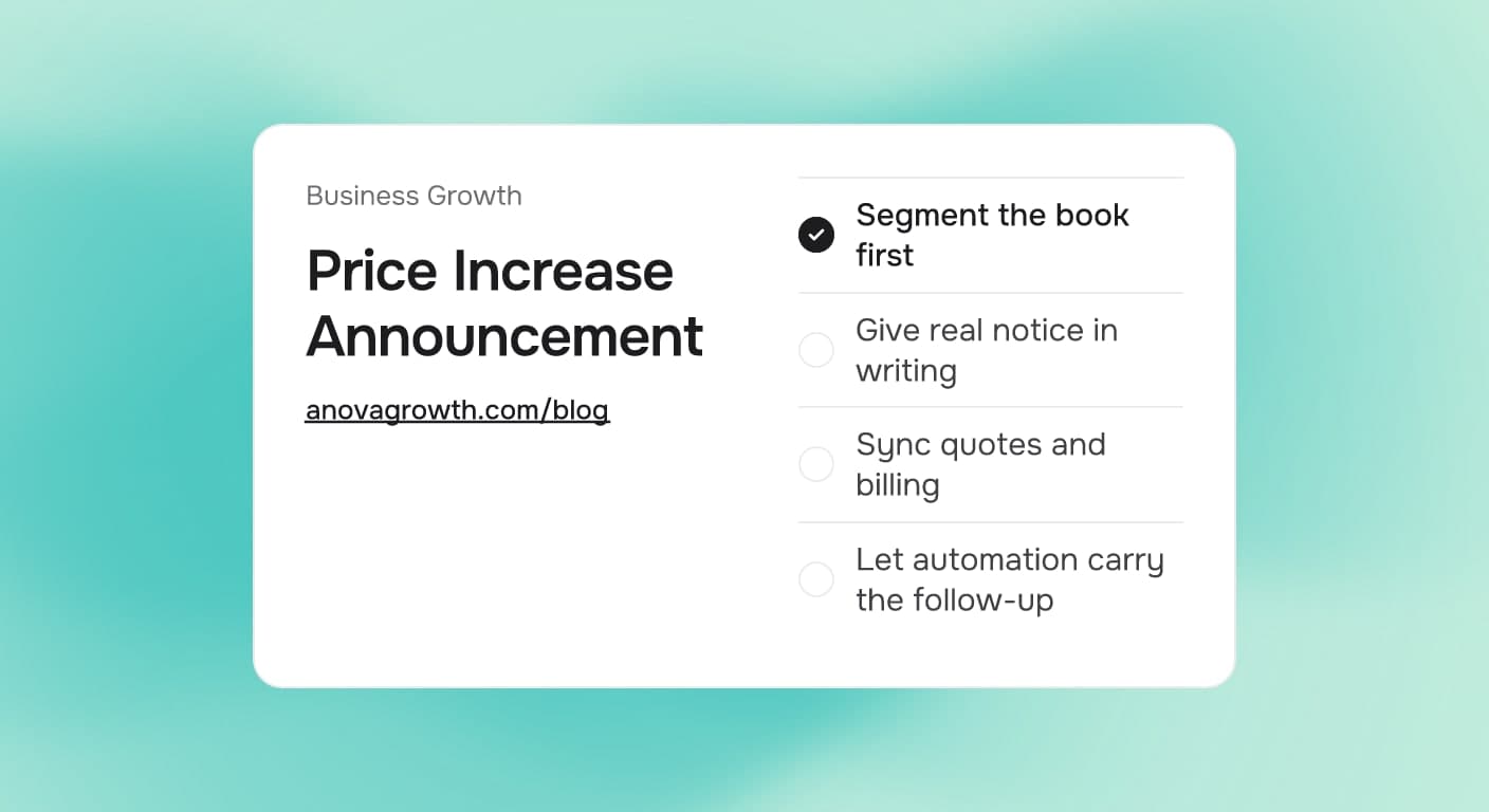 Cover card titled Price Increase Announcement, listing Segment the book first, Give real notice in writing, Sync quotes and billing, Let automation carry the follow-up, on a soft cool gradient